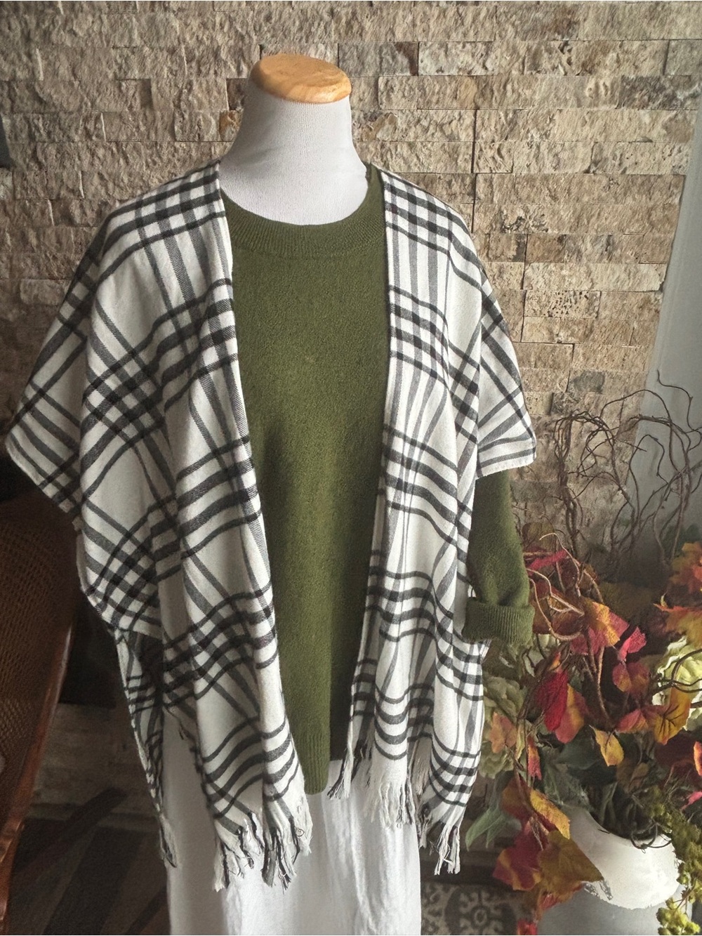 Plaid Fringe Poncho Wrap